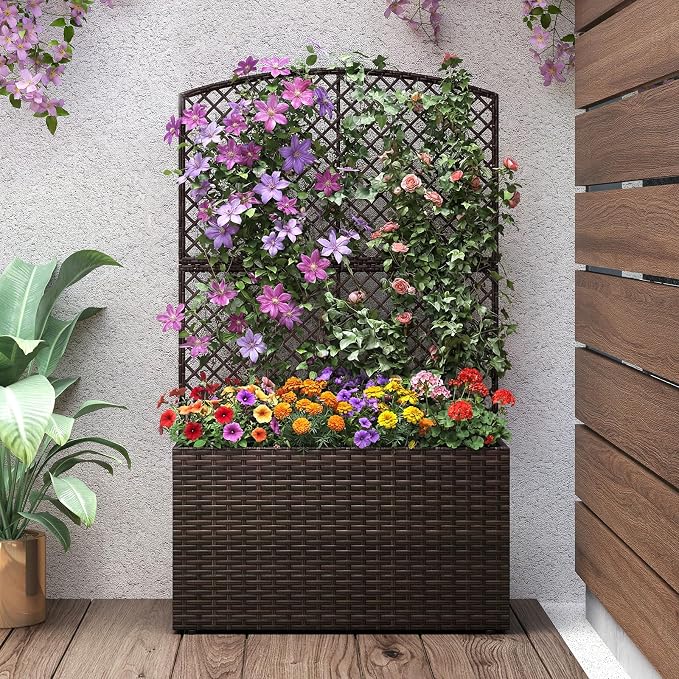 HAPPYGRILL Raised Garden Bed with Trellis, Wicker Planter Box w/Privacy Screen, Liner, Drainage, Outdoor PE Rattan Elevated Garden Bed for Climbing Plant Vine Flower (1, Brown, 29" x 11" x 49")