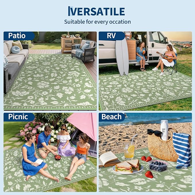 Garvee 6x9 Outdoor Patio Rug, Floral Waterproof Outdoor Rug for Camping with Portable Bag, Vintage Plastic Straw RV Rugs for Outside, Reversible Mats for Picnic Backyard Porch Balcony, Green