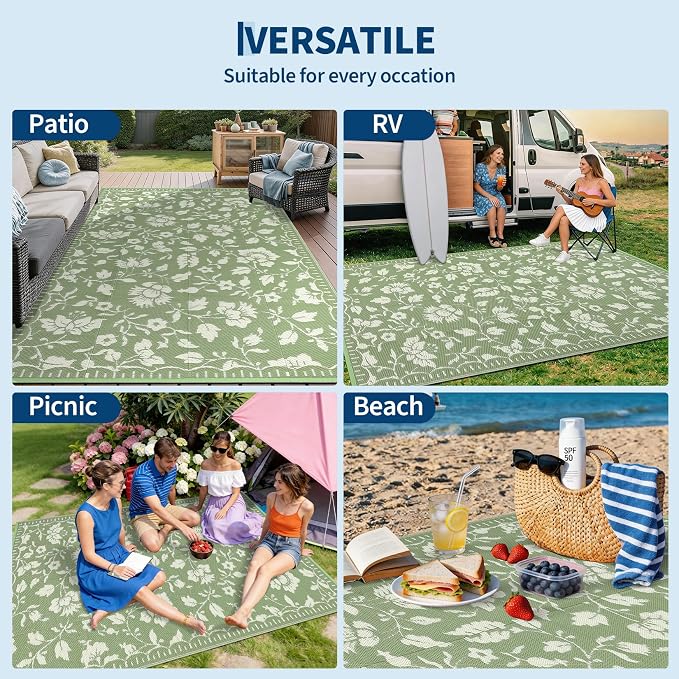 Garvee 5x8 Outdoor Patio Rug, Floral Waterproof Outdoor Rug for Camping with Portable Bag, Vintage Plastic Straw RV Rugs for Outside, Reversible Mats for Picnic Backyard Porch Balcony, Green