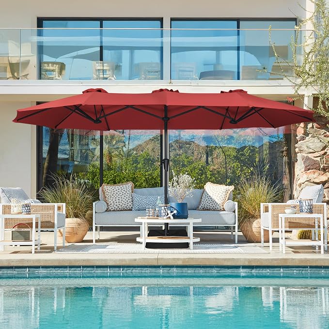 SUPERJARE 13FT Outdoor Patio Umbrella with Base Included, Double Sided Pool Umbrellas with Fade Resistant Canopy, Large Table Umbrella for Deck, Market, Backyard - Burgundy