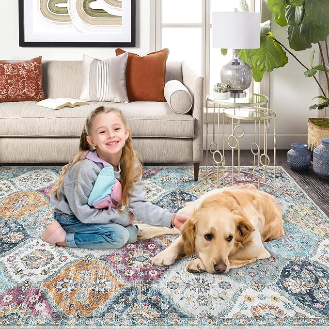 ROYHOME Washable Round Rug 4ft Moroccan Washable Area Rug, Purple/Grey | Stain Resistant Non-Slip Circle Rug Vintage Distressed Trellis Round Throw Carpet for Living Room Bedroom Kids Room Playroom
