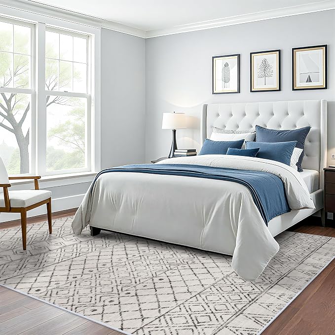 7x9 Geometric Grey Moroccan Washable Rug:Non Slip Area Rug Living Room | Pet Friendly Stain Resistant Modern Boho Carpets with Rubber Backing for Bedroom Soft Low Pile Rug