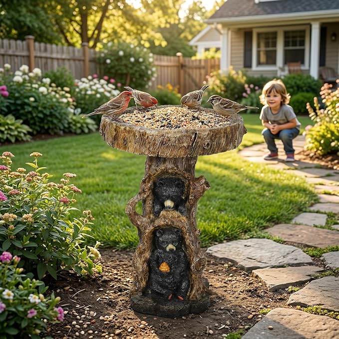Hamiedun 23.6”Tall Resin fiber Outdoor Bird Baths for Garden - Outdoor Standing Birdbath, Woodland Tree Trunk Decoration Yard Statue，Pedestal Birdbaths for Outdoors, Garden, Patio, Lawn, Backyard (23.6''H)