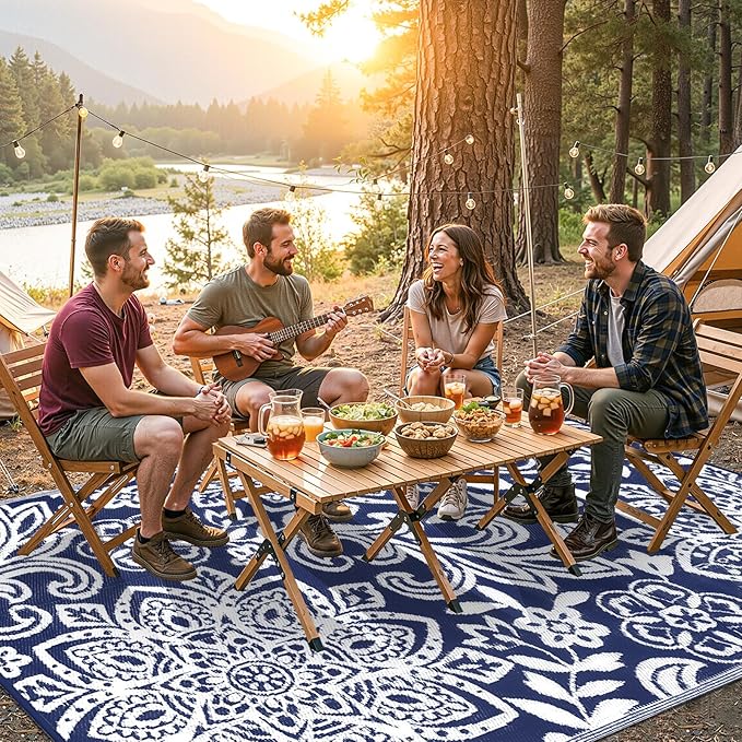 Findosom Waterproof Outdoor Rug 8' x 10' - Reversible Mandala Outdoor Plastic Straw Rug, Durable Foldable Patio Rug for RV, Deck, Balcony, Backyard, Picnic, Porch, Camping, Beach, Navy