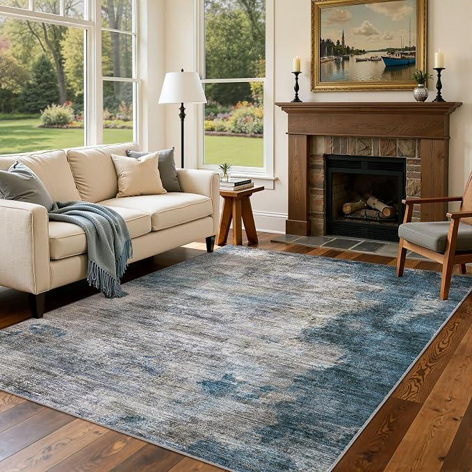 DMOYEST 10x12 Area Rug for Living Room Washable Abstract Indoor Carpet | Neutral Modern Low Pile Rugs Kid & Pet Friendly Large Soft Thin Carpet for Bedroom Dining Room and Office - Dark Grey Blue