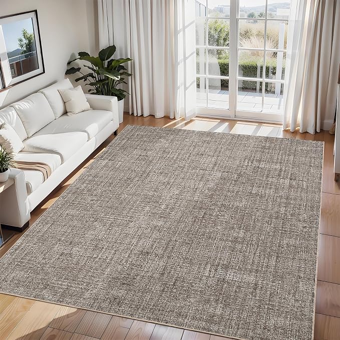 Garvee Solid Washable Rugs 5x7 Area Rugs for Living Room Bedroom Brown | Soft Non Slip Rugs for Bedroom, Low Pile Neutral Rug, Stain Resistant Foldable Carpet for Playroom Dorm, Farmhouse Rugs