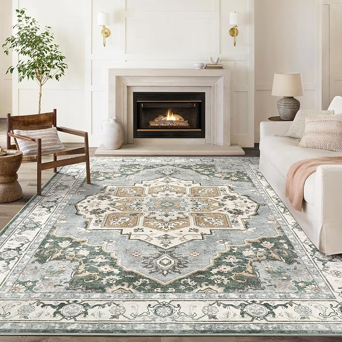 8x10 Washable Area Rug: Vintage Neutral Soft Non Slip Thin Large Floor Carpet for Living Room Bedroom Kitchen Dining Room Home Office Farmhouse Indoor - Green