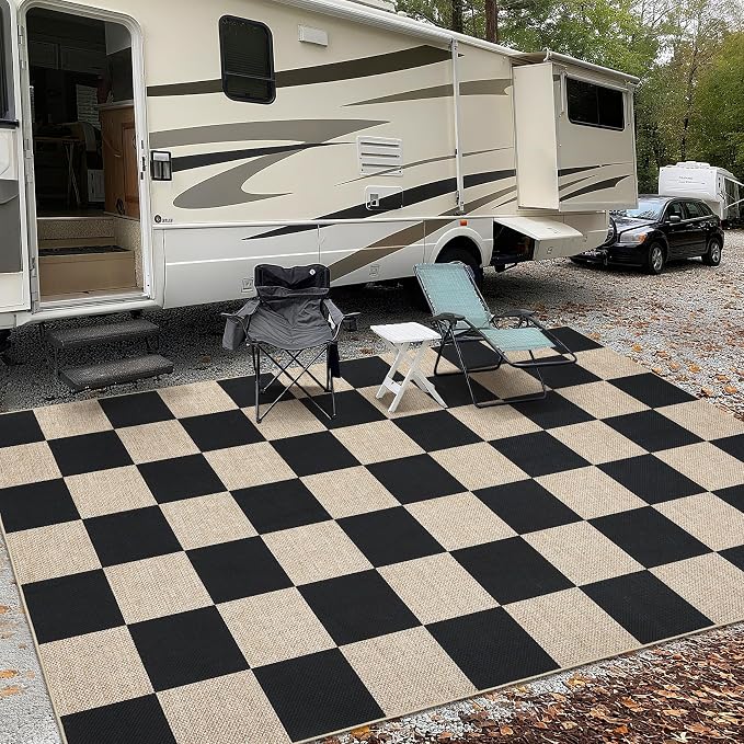 GarveeHome Checkered Easy Jute 3x5 Entryway Rug Machine Washable Outdoor Patio Rug Non-Slip Backing Checkerboard Black Indoor Outdoor Carpet for Hallway Bathroom Kitchen Bedroom