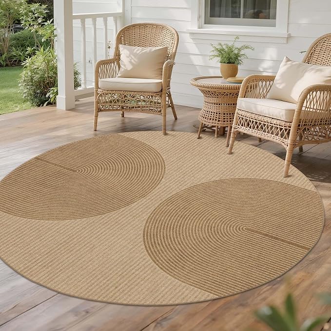 Easy Jute Round Rug 6ft: Outdoor Natural Area Rugs for Patio Linen-Look Fabric Durable - Neutral Washable Carpet for Living Room Bedroom Non-Slip - Geometric Arch Pattern