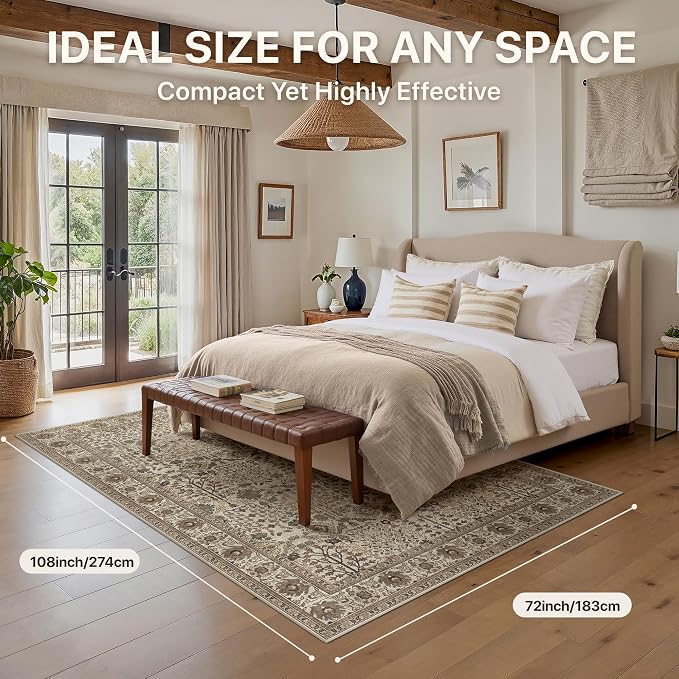 6x9 Washable Area Rug for Living Room, Dark Espresso | Vintage Distressed Floral, Spill Resistant, Lightweight Low Pile Non-Shedding Carpet for Bedroom, Dining Room and Office