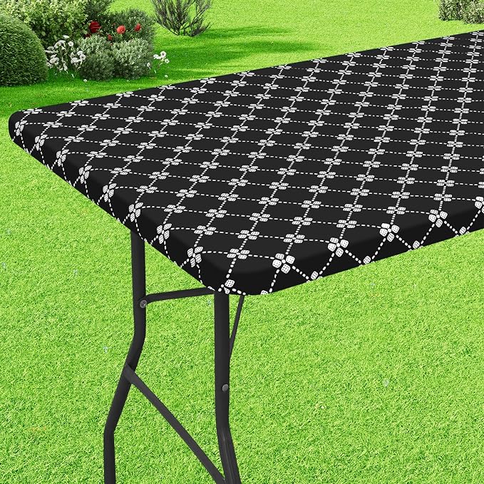 misaya Rectangle Vinyl Table Cloth, Elastic Fitted Tablecloth with Flannel Backing, Waterproof Plastic Table Cover Fits 4 Foot Folding Tables for Picnic, Camping, Indoor and Outdoor (Black, 30" x 48")