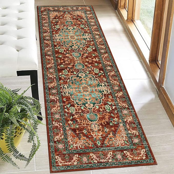 U'Artlines 2' x 6' Boho Hallway Runner Rug, Washable Carpet, Rust＆Teal | Non Slip, Vintage Farmhouse Accent Area Rug Carpet, for Kitchen Entryway Laundry and Living Room