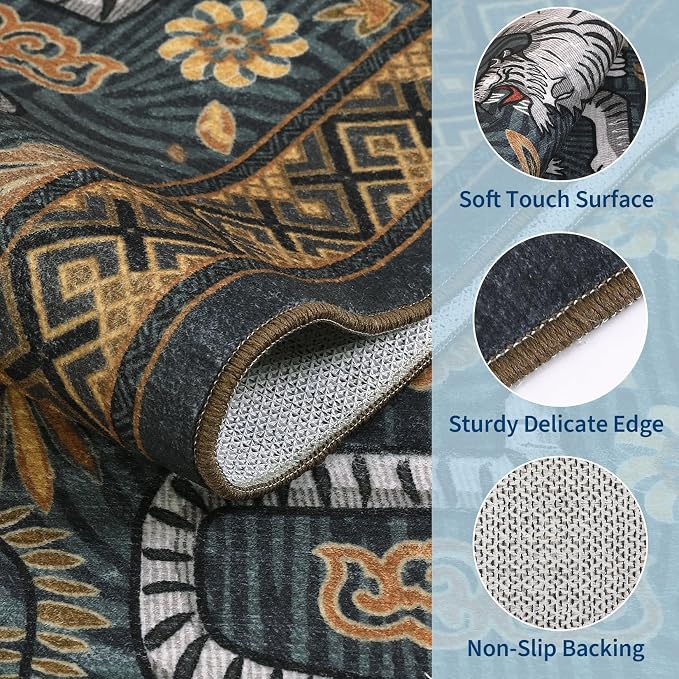 GarveeHome Tiger Round Area Rugs Boho Bedroom Non Slip Washable Vintage | 5ft Blue Animal Print Circle Rugs Non Slip,Tribal Floor Carpet for Dining Room Entryway Nursery Playroom Office