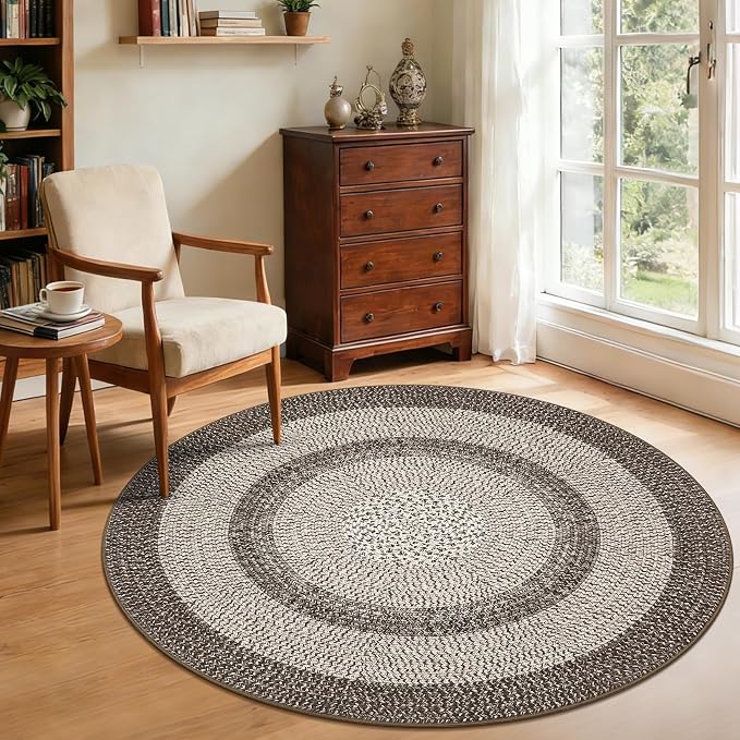 RUGSREAL Modern Bordered Round Area Rug 4ft Washable Bedroom Circle Rugs | Non Slip Stain Resistant Dining Room Round Throw Carpet Contemporary Circle Mats for Living Room Kitchen Nursery, Mocha