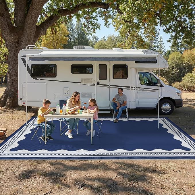 Garvee Outdoor Rug 5x8 Scalloped Waterproof Patio RV Outdoor Rugs Reversible Foldable Plastic Straw Rug Modern Camping Carpet for Deck Camper Porch Balcony Backyard Picnic Beach Dark Blue