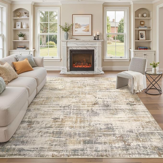 UERMEI 7x9 Area Rug for Living Room Washable Abstract Golden Brown Carpet | Low Pile Non-Slip Soft Neutral Modern Kid Pet Friendly Large Rugs For Bedroom Dining Room Nursery Office Indoor Decor