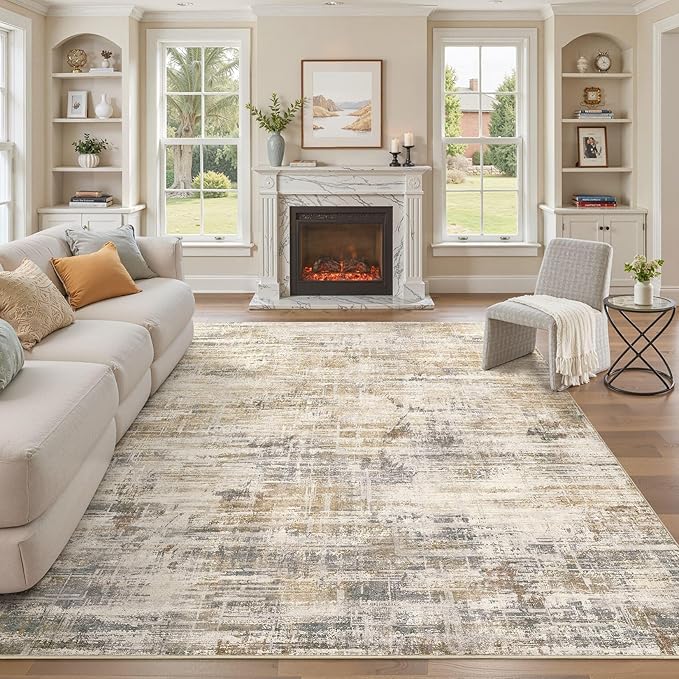 Uermei 9x12 Area Rug for Living Room Washable Abstract Golden Brown Carpet | Low Pile Non-Slip Soft Neutral Modern Kid Pet Friendly Large Rugs For Bedroom Dining Room Nursery Office Indoor Decor