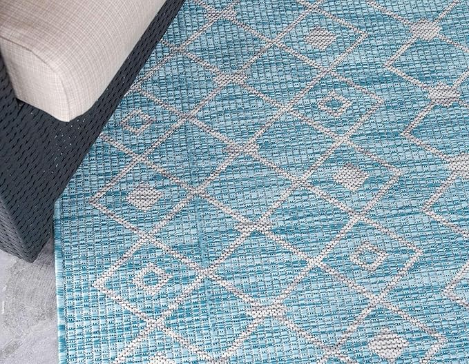 Unique Loom Outdoor Trellis Collection Area Rug - Tribal Trellis (2' x 6' 1" Runner, Aqua/ Ivory)