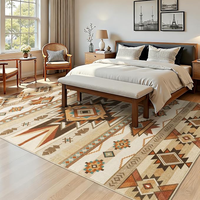 8x10 Western Rustic Aztec Area Rug for Living Room Bedroom Dining Room | Southwestern Tribal Beige Low Pile Faux Wool Rug, Machine Washable Non-Slip Large Carpet for Living Room Dining Bedroom