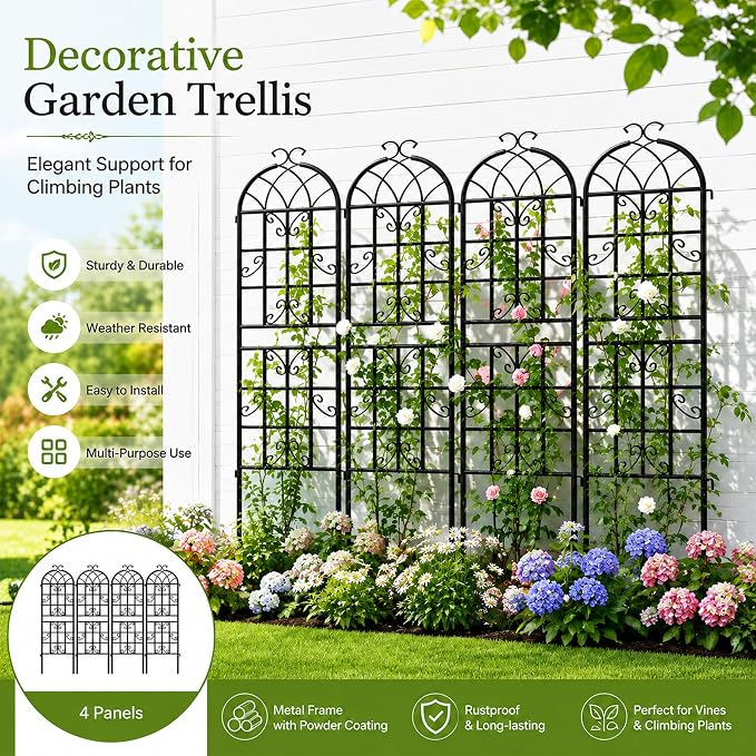 4 Pack Garden Trellis for Climbing Plants Outdoor, 71" H x 20" W Rustproof Iron Plant Support for Rose, Vine, Cucumber, Decorative Scrollwork Clematis Trellis for Yard, Lawn Patio or Wall Decor
