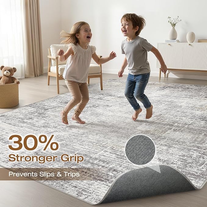 LOONGRUG 6x8 Area Rug Washable Neutral Modern Living Room Rug Gray Beige | Abstract Soft Stain Resistant Indoor Non-Slip Carpet for Bedroom Nursery Kids Office Playroom Dining Room