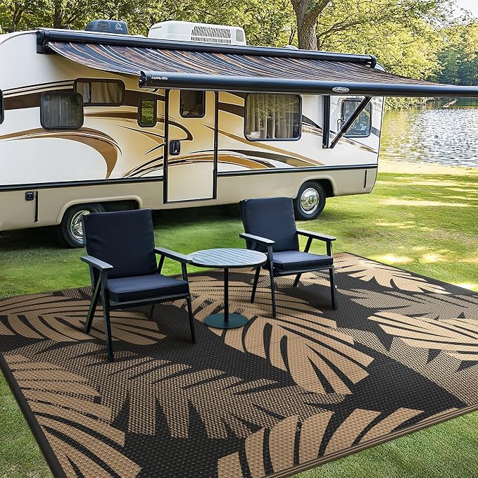 GENIMO Waterproof Outdoor Rug 5' x 8' for Patio Decor, Reversible Plastic Straw Area Rugs for Camping Clearance, RV Mat, Large Outside Carpet for Porch, Deck, Picni, Balcony, Garden, Black & Brown