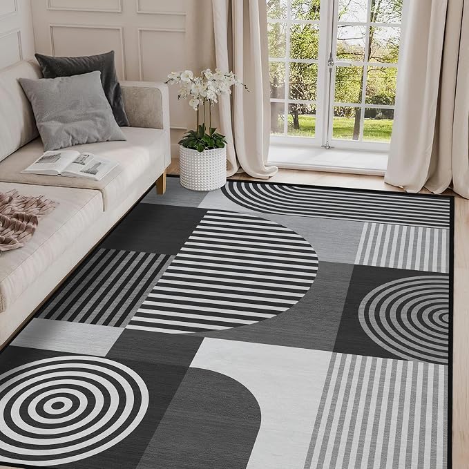 Grey Geometric Area Rug 4x6 for Living Room Black White Mid Century Modern Rug Machine Washable Gray Minimalist Rugs Non Slip Low Pile Indoor Floor Carpet for Bedroom Dining Room Office