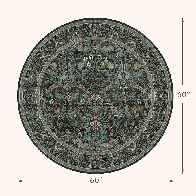 5ft Round Rug for Reading Corner Small Living Room, Soft Ultra Thin Non Slip Floral Circle Area Rug, Machine Washable Forest Green Carpet, Low Pile Floor Mat for Entryway, Home Office (Dark Green)