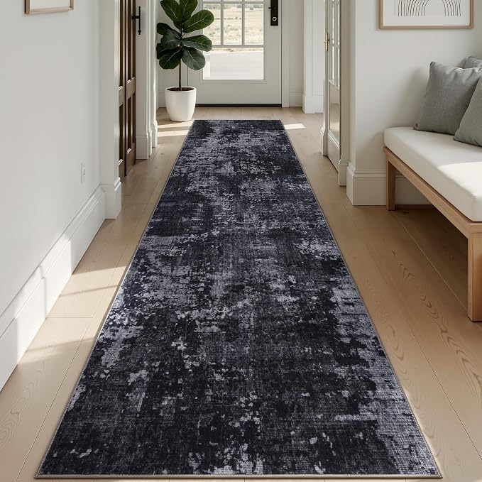 Sasttie 2x12 Runner Rug, Modern Abstract Hallway Carpet, Black & Grey | Machine Washable, Ultra-Soft Faux Wool, Low Pile, Non-Slip, Thin, for Entrance, Entryway, Kitchen & Laundry Room