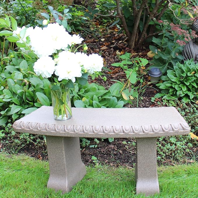 EMSCO Group Garden Bench Statue Resin Construction with Natural Granite Look Lightweight Decorative Indoor/Outdoor Bench 12 Inch Height