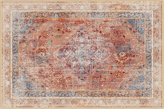 Phantoscope Washable Area Rug 8'x10' Non-Slip, Vintage Neutral Fall Rugs for Living Room, Bedroom, Dining Room, Distressed Boho Medallion Pattern, Low-Pile Foldable Floor Carpet, Rust Orange