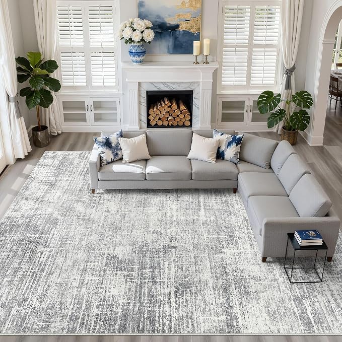 LOONGRUG 10x14 Area Rugs Washable Neutral Modern Rug for Living Room Grey | Large Abstract Soft Stain Resistant Indoor Non-Slip Carpet for Bedroom Nursery Kids Office Playroom Dining Room