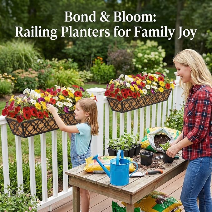 6 Pack 30 Inch Railing Planter Box with Coco Liner, Adjustable Metal Window Box Planter for Balcony Deck Fence, Hanging Flower Basket for Outdoor Garden, Black