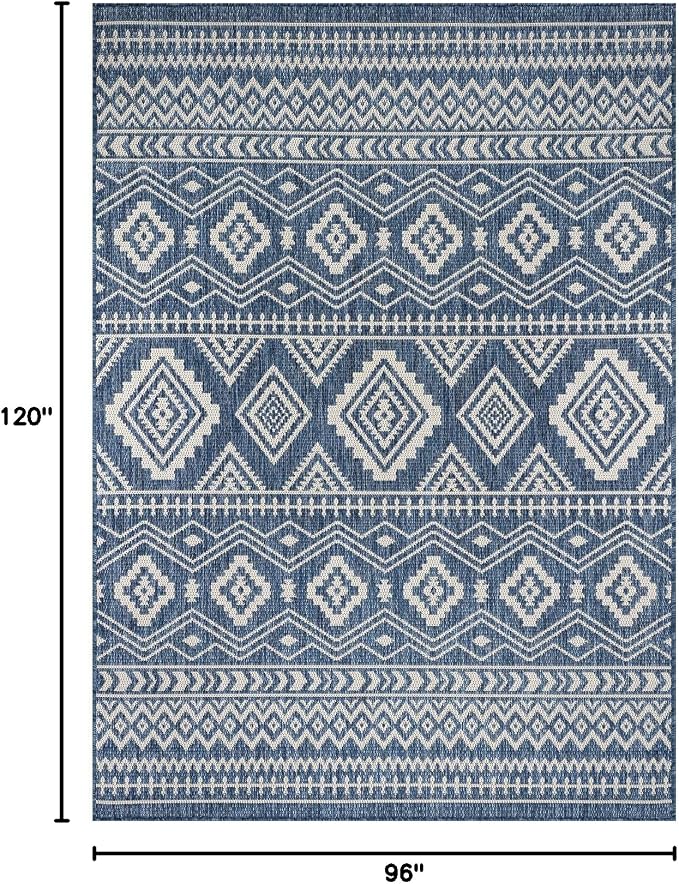 Beverly Rug Waikiki Boho Indoor Outdoor Rug 8x10, Washable Outside Carpet for Patio, Deck, Porch, Bohemian Area Rug, Farmhouse Rugs, Aztec Tribal Rug, Azure and White