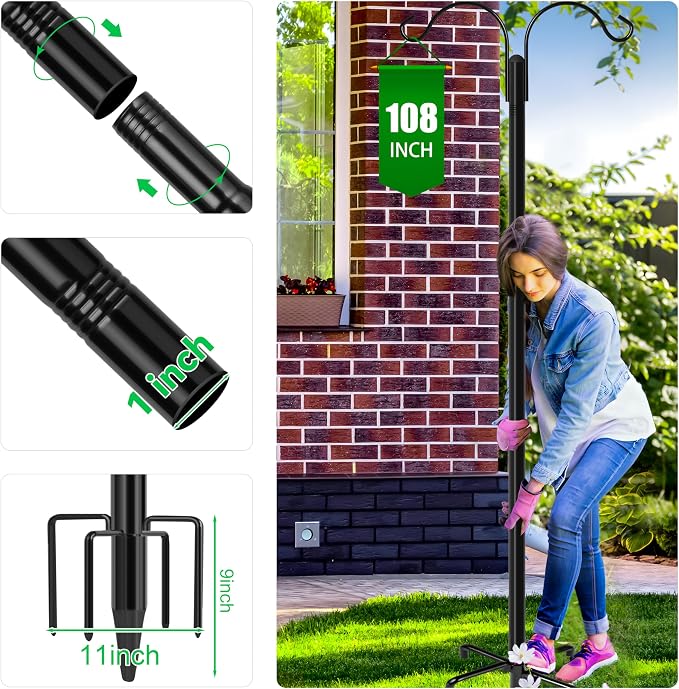 XDW-GIFTS Double Shepherds Hooks for Outdoor, 2-Pack Heavy Duty Garden Pole for Hanging Bird Feeder, Plant Baskets, Solar Light Lanterns, Garden Plant Hanger Stands with 5 Base Prongs