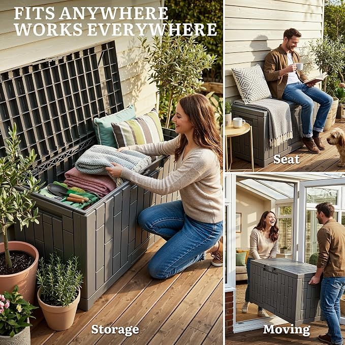 YITAHOME 60 Gallon Resin Deck Box, Weather Resistant Outdoor Rattan Storage Box with Slide-Locking Lid, Lockable Indoor Outdoor Storage for Supplies and Essentials, Taupe