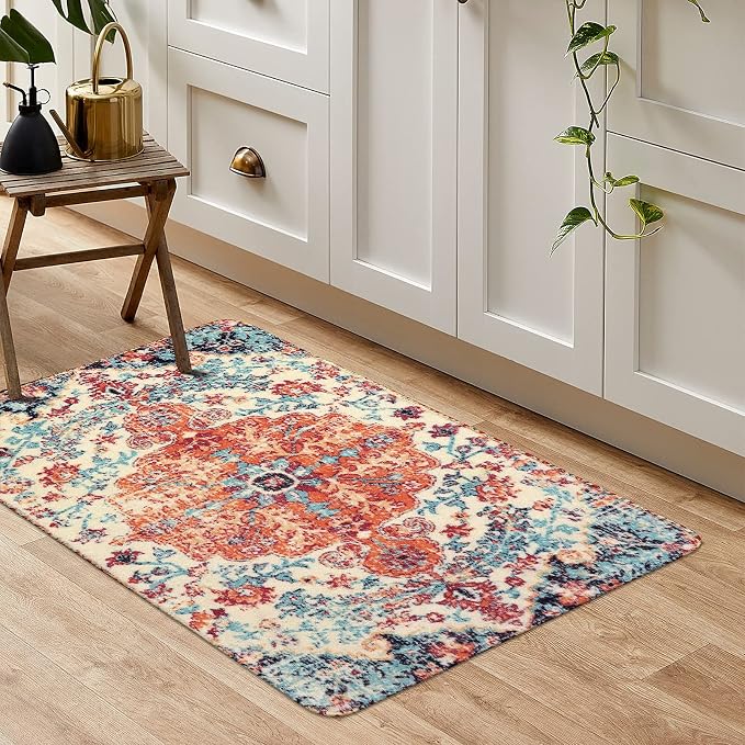 Lahome Reine Bohemian Floral Medallion Area Rug - 2x3 Oriental Distressed Small Bath Rug Country Vintage Doormat Faux Wool Non-Slip Washable Low-Pile Carpet for Bathroom Kitchen Laundry Room Decor
