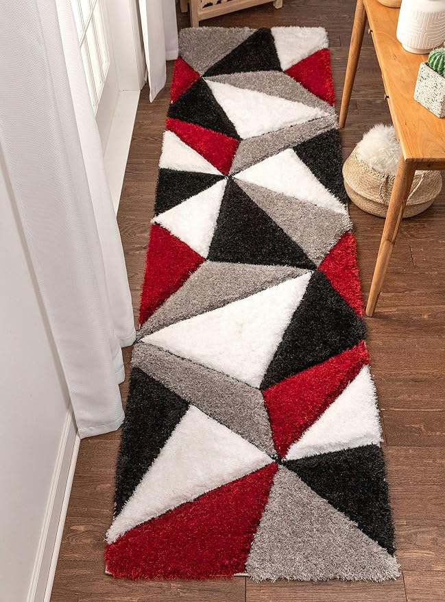 Well Woven Walker Red Triangle Boxes Thick Soft Plush 3D Textured Shag Runner Rug (2'7" x 9'10")