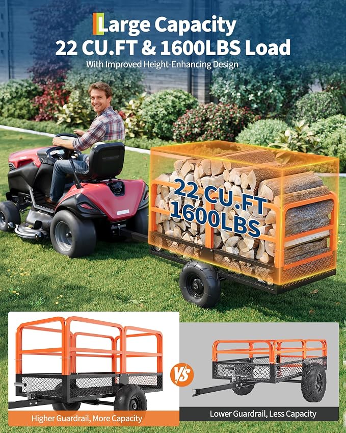GarveeLife ATV UTV Trailer Tow Behind Dump Cart 22 Cu.ft 1600Lbs Steel, Heavy Duty Pull Behind Utility Dump Trailer for Lawn Mower Trailer Tractor Garden Yard with Removable Rear Panel
