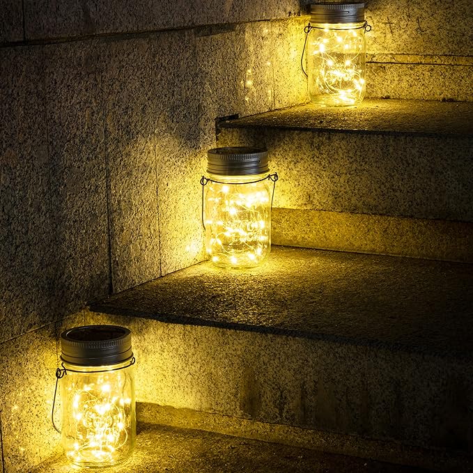 GIGALUMI Hanging Mason Jar Solar Lights, 6 Pack 30 Led Hanging Solar Lanterns Outdoor Waterproof, Hangers and Jars Included, Outdoor Decor for Balcony, Garden, Patio, Yard, Wedding