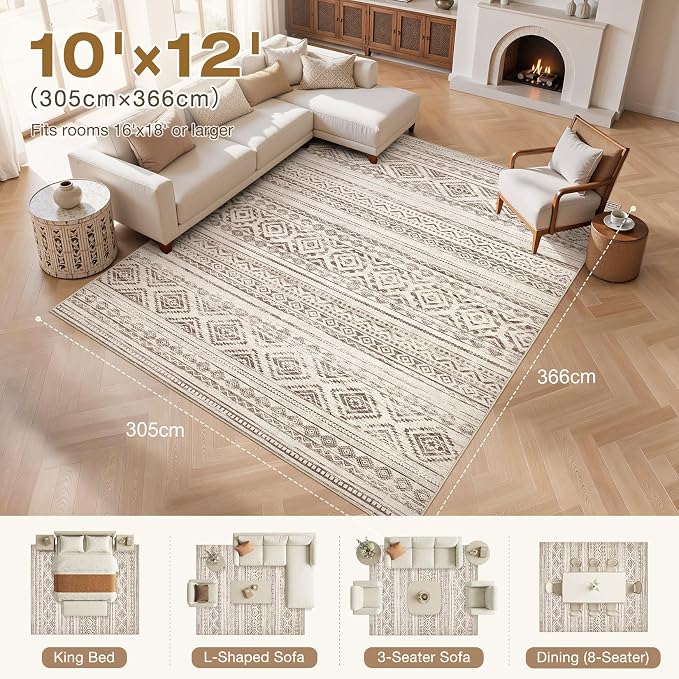 cotiled Boho 10x12 Area Rug for Living Room: Large Moroccan Washable Rug | Stain Resistan Carpet for Bedroom Farmhouse Dark Brown