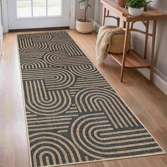 Garvee 2x6 Modern Abstract Kitchen Rugs Washable Rugs for Hallway | Black Taupe Rainbow Area Rug Stain Resistant Easy Cleaning Throw Rugs Low Pile Floor Cover for Bedroom Laundry