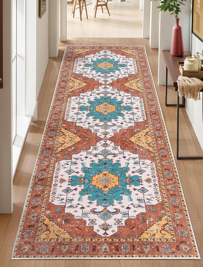 SERISSA 2'6"x8' Washable Non Slip Boho Runner Rug for Hallway，Orange | Ultra Soft Vintage Oriental Carpet Low-Pile Distressed Tribal Floor Carpet for Kitchen Bedroom Bathroom Laundry Room