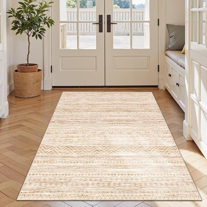Miukiki 3x5 Washable Area Rug Moroccan Soft Non Slip Entryway Rug Beige | Machine Washable 3x5 Rug for Bedroom Kitchen Living Room, Low Pile Indoor Floor Carpet with Vintage Pattern