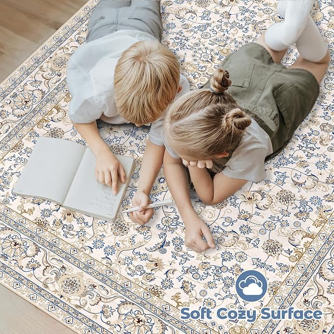 Area Rug 8x10 Washable Rug, Vintage Boho Medallion Rugs Non-Slip Soft Low Pile Large Distressed Rug Indoor Retro Carpet for Living Room Bedroom Dining Room Home Office (BeigeBlue, 8'x10')