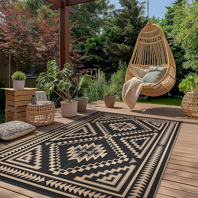 GENIMO Outdoor Rug for Patio Clearance - 9x12 ft Waterproof Plastic Camping Rugs, Reversible Outside Rv Mat Carpet for Porch, Deck, Picnic, Balcony, Beach, Backyard, Black Brown