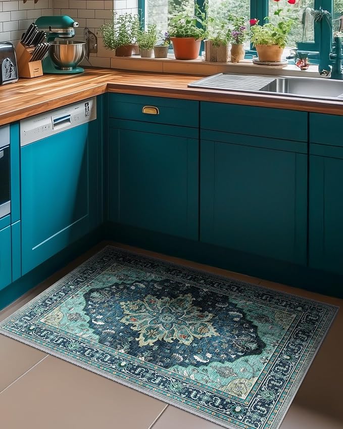 RELEANY Washable Area Rug, Small 2'x4', Teal | Non-Slip, Water Repellent, Pet Friendly, Easy to Clean, Vintage Floral Boho Decor for Kitchen Entryway Bathroom