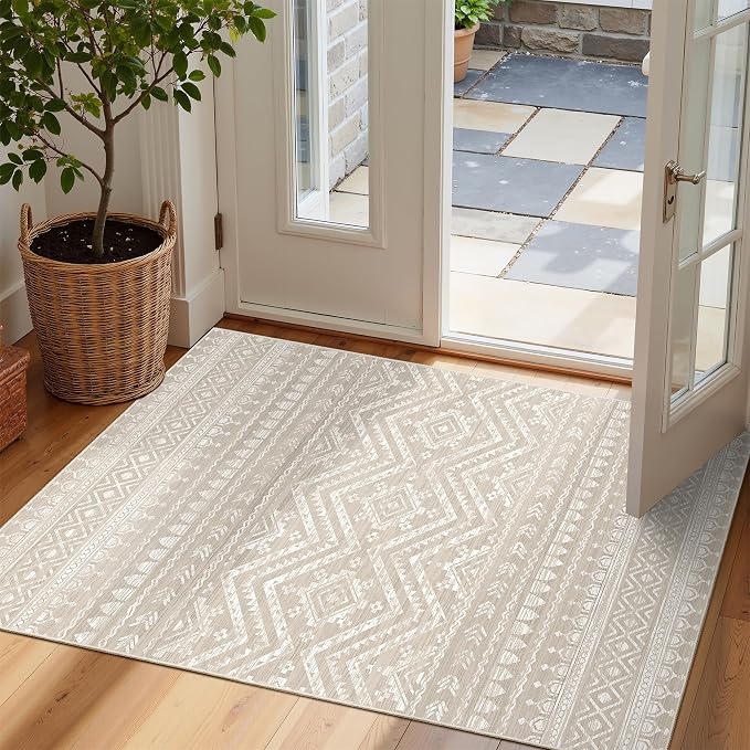 Miukiki 2x3 Entryway Rug Washable Non Slip Moroccan Area Rugs Brown | Soft Low Pile Kitchen Rug for Bedroom Bathroom Floor, Indoor Small Rug Easy Clean Machine Washable Rugs 2'x3'