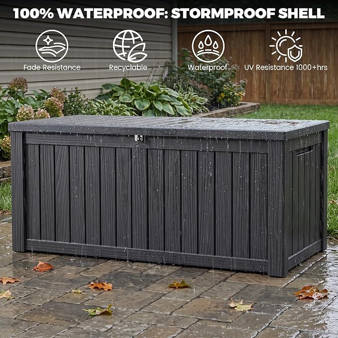 Outdoor Storage Box, 150 Gallon Waterproof Deck Box [Upgraded 3.0], Piston-Assisted Resin Trunk for Sectional Sofa Cushions, High-Capacity Lockable Double Storage Bench, Patio Lounge, Black