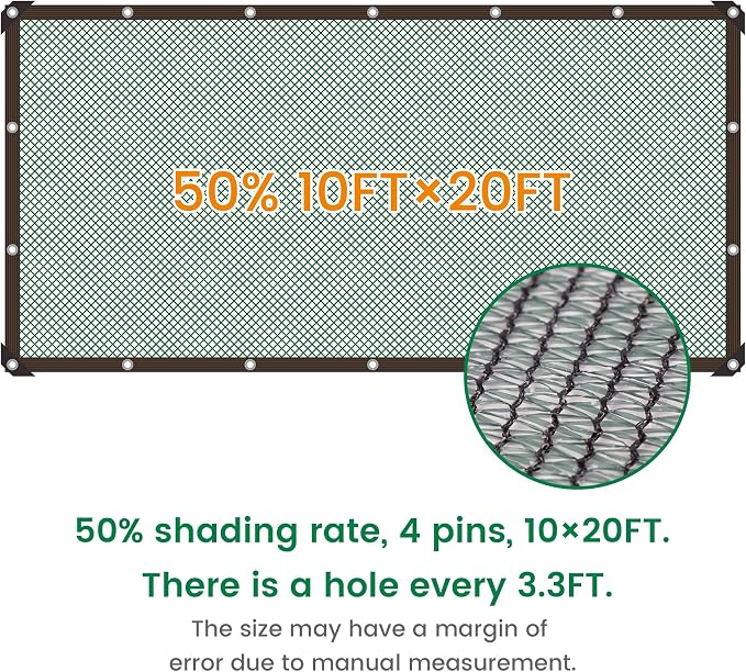 50% 10 X 20 FT Green Shade Cloth, Outdoor Woven Sun Shade with Grommets, Durable Breathable Netting Shading Antifreezing for Patio, Garden, DIY Home, Plants Cover, Greenhouse, Dog Kennel